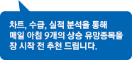 차트, 수급, 실적 분석을 통해 매일 아침 9개의 상승 유망종목을 장 시작 전 추천 드립니다.