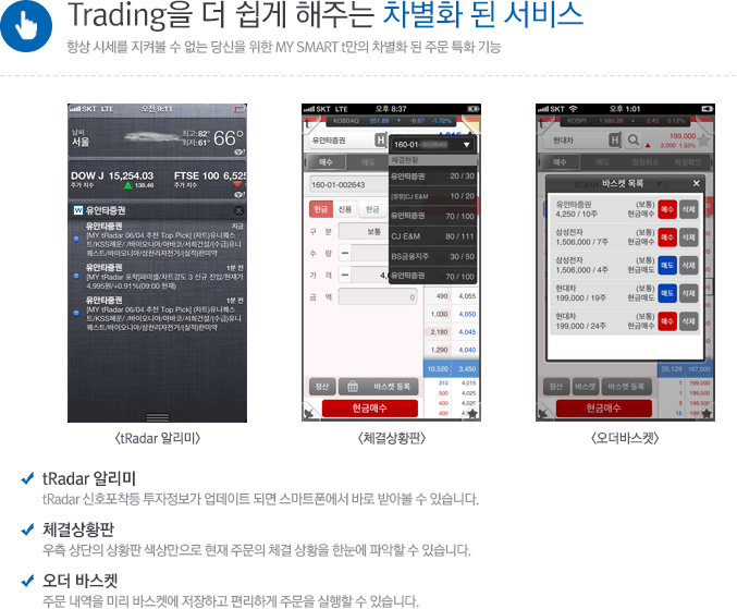 Trading을 더 쉽게 해주는 차별화 된 서비스 항상 시세를 지켜볼 수 없는 당신을 위한 MY SMART t만의 차별화 된 주문 특화 기능