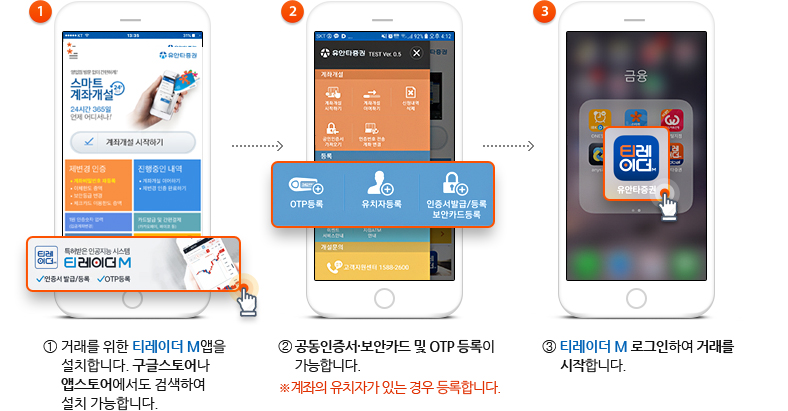①거래를 위한 티레이더 M앱을 설치합니다. 구글스토어나 앱스토어에서도 검색하여 설치 가능합니다. ②공동인증서·보안카드 및 OTP 등록이 가능합니다. ※계좌의 유치자가 있는 경우 등록합니다. ③티레이더 M 로그인하여 거래를 시작합니다.