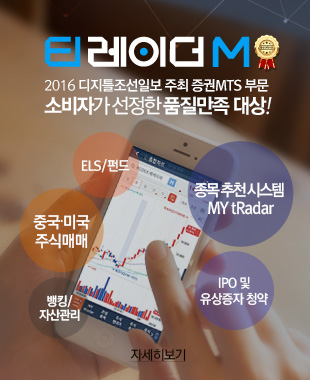 티레이더M 2016 디지틀조선일보 주최 증권MTS 부문 소비자가 선정한 품질만족 대상! ELS/펀드,종목 추천 시스템 MY tRadar,IPO 및 유상증자 청약,뱅킹/자산관리,중국·미국 주식매매 자세히보기